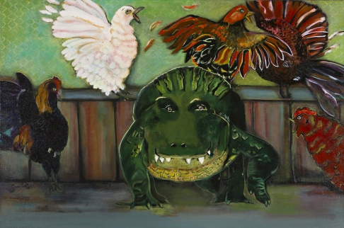 Gator In the Hen House by Nancy Wolfe Kimberly | Acrylic paint and molding paste on canvas Gator In the Hen House